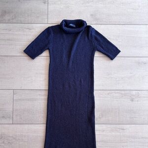 Zara Knit Navy Ribbed Bodycon Turtleneck Maxi Dress Size S